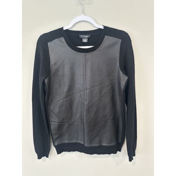 NWT Bloomingdales 100% cashmere Leather front crewneck sweater Size Medium - Picture 1 of 7